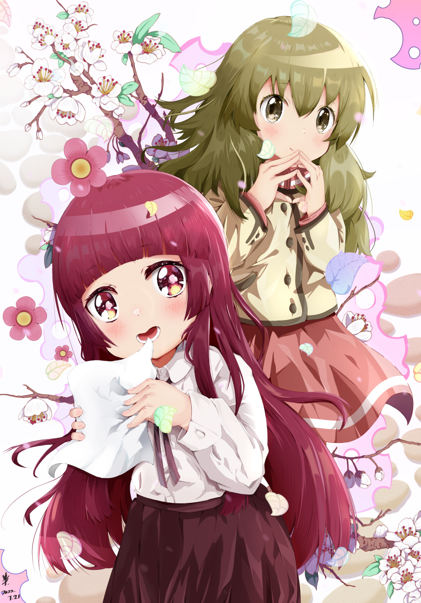 2girls, :d, absurdres, aokaly, bangs, black_skirt, blunt_bangs, brown_eyes