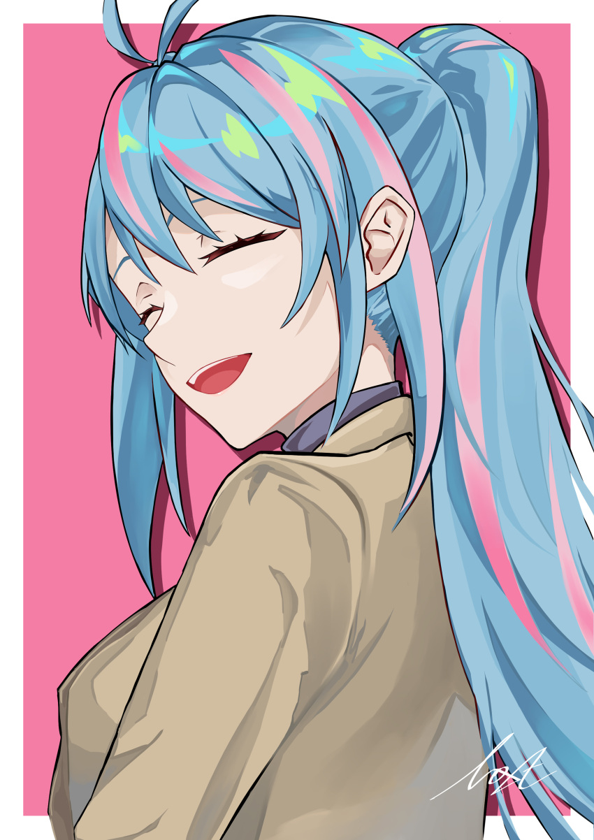 1girl, ^_^, absurdres, azura_cecillia, bangs, blue_hair, border, closed_eyes, commentary, cungi_van_houten, from_behind, green_jacket, hair_behind_ear, highres, jacket, multicolored_hair, nijisanji, nijisanji_id, pink_background, pink_hair, portrait, signature, smile, solo, streaked_hair, symbol-only_commentary, virtual_youtuber, white_border