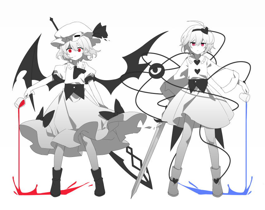 2girls, absurdres, ahoge, ascot, bangs, bat_wings, boots, bow