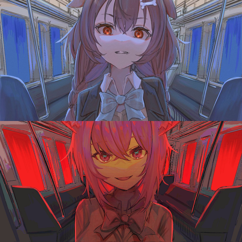 2girls, absurdres, animal_ears, aogami_high_school_uniform, bone_hair_ornament, bow, braid, brown_eyes