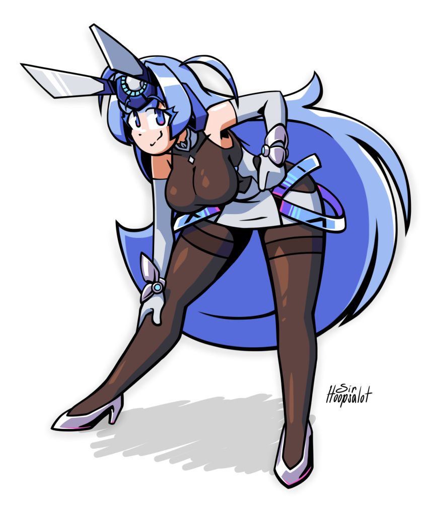 1girl, absurdly_long_hair, anchor_ornament, animal_ears, azur_lane, black_leotard, blue_hair, bodystocking, breasts, coat, elbow_gloves, english_commentary, fake_animal_ears, gloves, high_heels, highres, leotard, long_hair, looking_at_viewer, miniskirt, new_jersey_(azur_lane), pantyhose, rabbit_ears, sirhoopsalot, skirt, smile, solo, very_long_hair, white_gloves