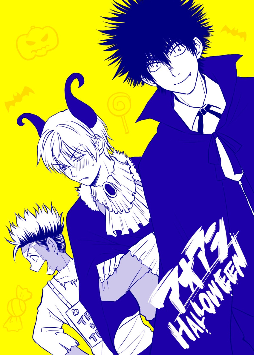 3boys, ao_ashi, asari_marchs_jun, ascot, bat_(animal), black_hair, brooch, candy, cape, crossed_arms, fake_horns, fang, food, halloween, happy_halloween, highres, horns, jack-o'-lantern, jewelry, lollipop, male_focus, meguru931, motoki_yuuma, multiple_boys, ootomo_eisaku, sanpaku, smile, spiky_hair, standing, stitches, trick_or_treat, vampire_costume, yellow_background