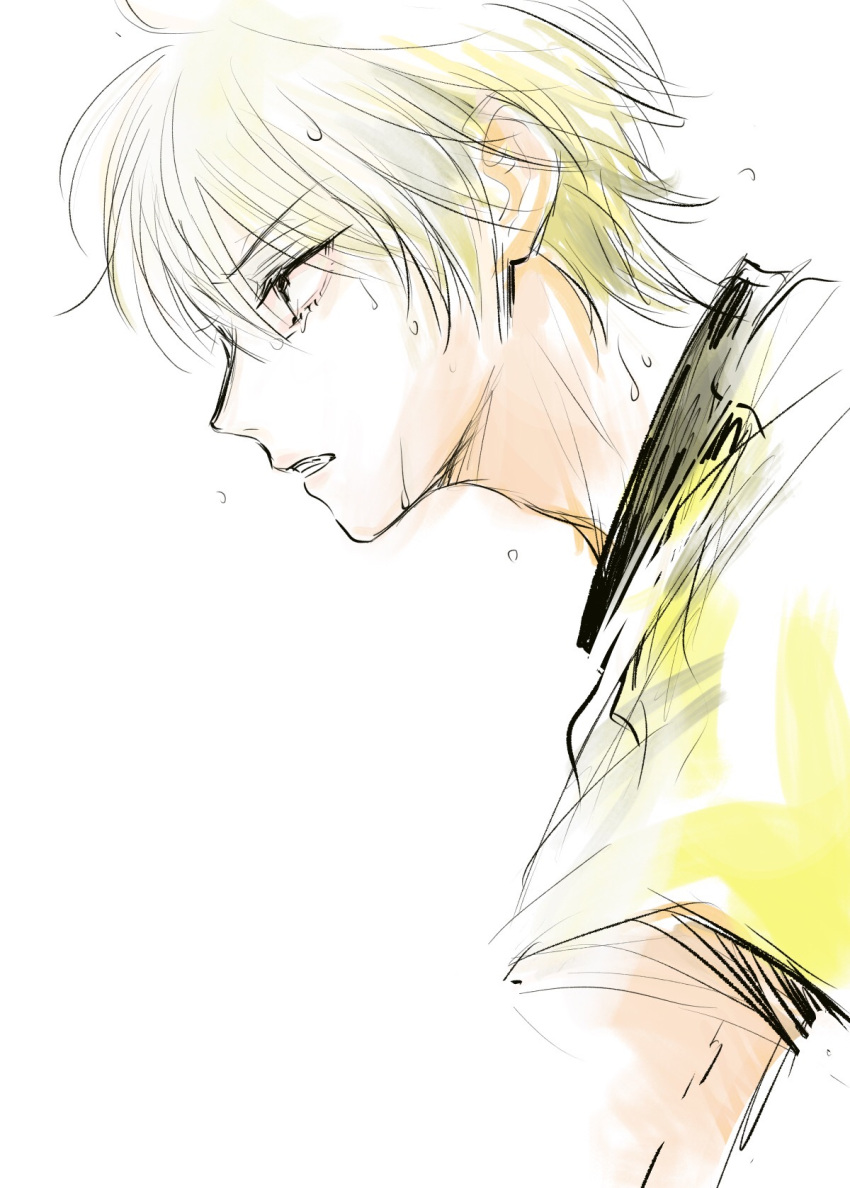 1boy, ao_ashi, asari_marchs_jun, blonde_hair, highres, male_focus, meguru931, profile, short_hair, simple_background, sketch, solo, sportswear, sweat, upper_body, white_background