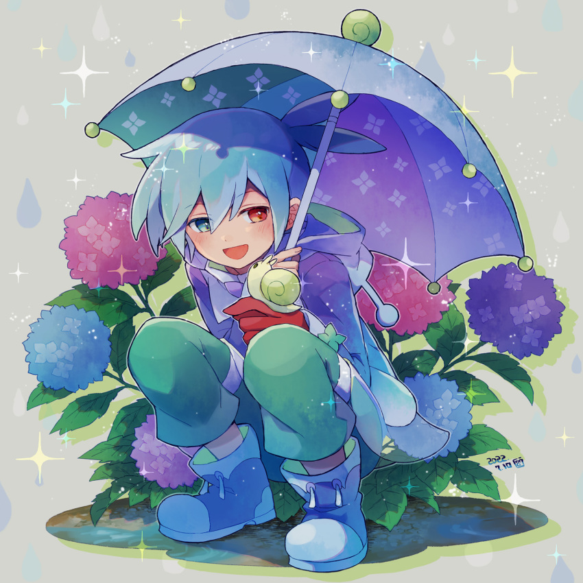 1boy, blue_eyes, blue_footwear, blue_hair, blush, coat, dated, flower