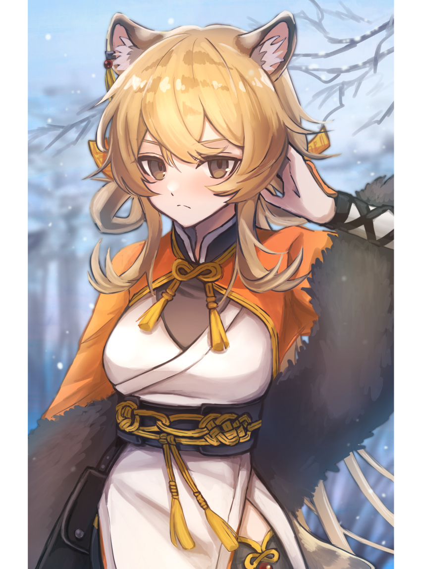 1girl, 3_(sanyako1), absurdres, animal_ears, arknights, breasts, brown_eyes, cowboy_shot