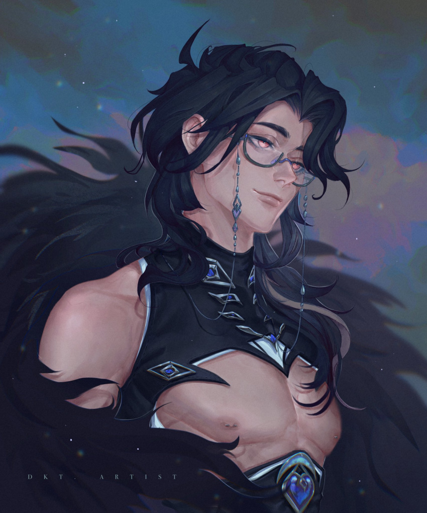 1boy, artist_name, artistdkt, bare_pectorals, black_hair, blurry, blurry_background, clouds