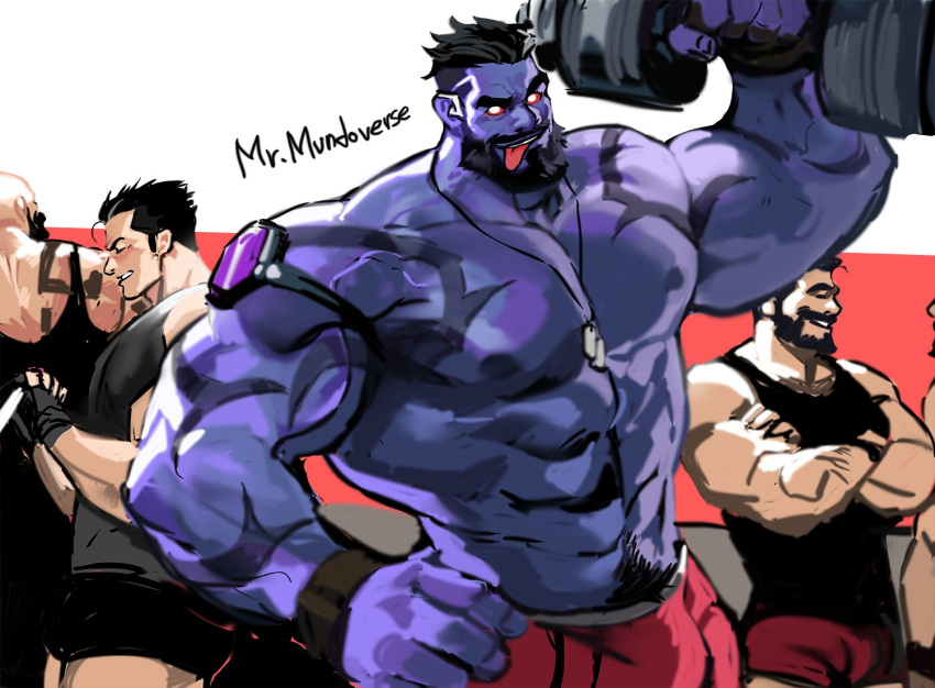 abs, beard, black_hair, braum_(league_of_legends), darius_(league_of_legends), dopey_(dopq), dr._mundo, dumbbell