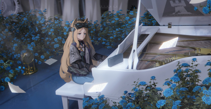 1girl, absurdres, animal_ears, arknights, between_legs, black_bow, black_jacket, blue_eyes, blue_flower, blue_skirt, bow, cat_ears, cat_girl, flower, grand_piano, hair_bow, hair_flower, hair_ornament, hand_between_legs, highres, instrument, iris_(arknights), jacket, light_brown_hair, ling_dianxia, long_hair, long_sleeves, piano, sitting, skirt, solo, very_long_hair