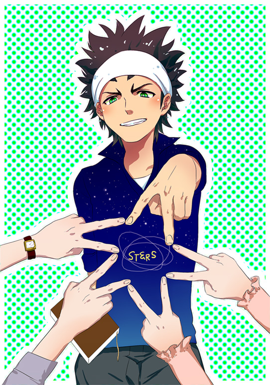 1boy, blue_shirt, copyright_name, dotted_background, fukami_fitzgerald_arashi, gendayone, green_eyes, headband