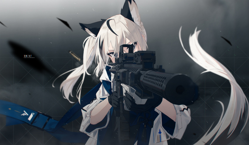 1girl, ahoge, aiming, aiming_at_viewer, animal_ear_fluff, animal_ears, assault_rifle, bangs