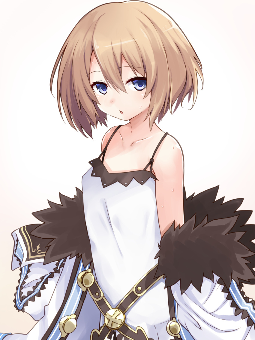 1girl, bare_shoulders, blanc_(neptune_series), blue_eyes, breasts, brown_hair, coat, covered_nipples
