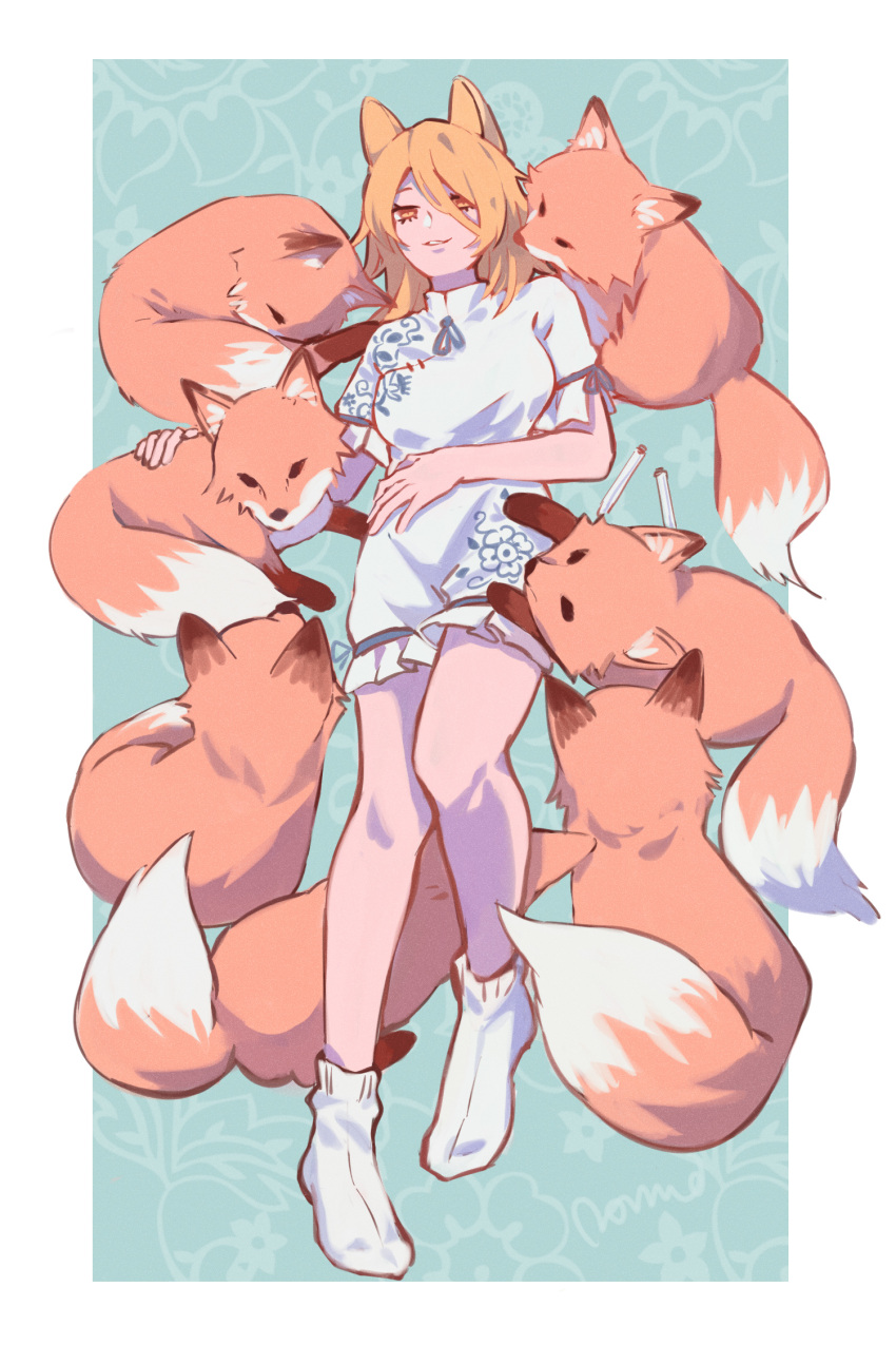 1girl, animal_ears, blonde_hair, blue_ribbon, border, chinese_commentary, commentary, eyebrows_hidden_by_hair