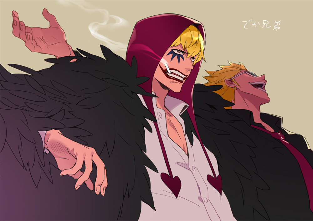 2boys, :d, arm_up, black_shirt, blonde_hair, brothers, cigarette, donquixote_doflamingo