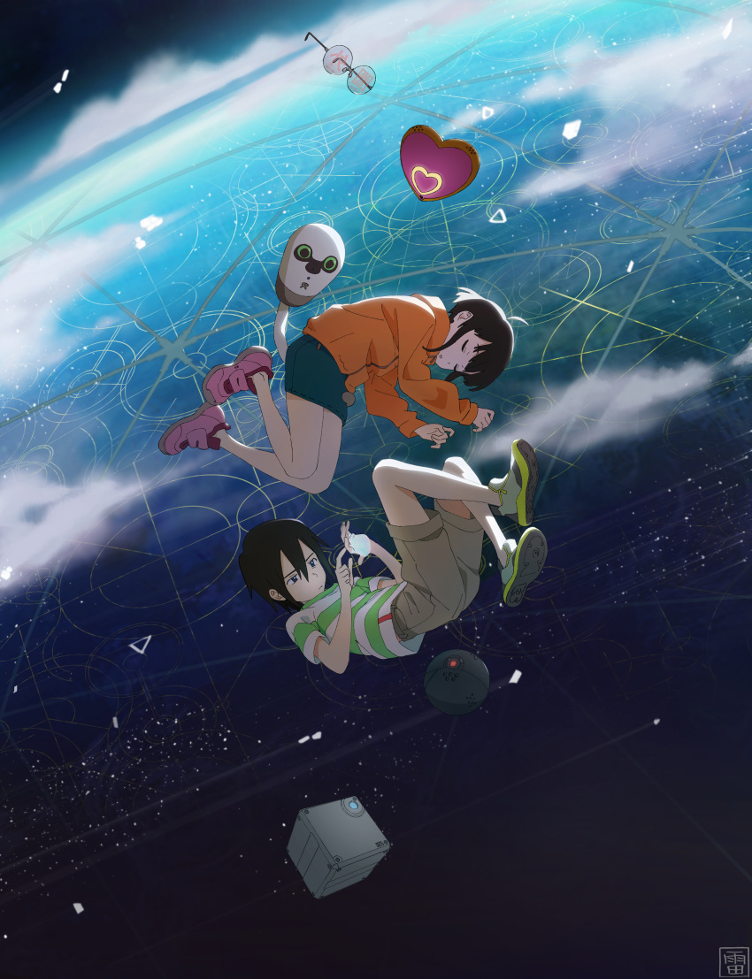 1boy, 1girl, absurdres, black_hair, bright_(chikyuugai), brown_shorts, chikyuugai_shounen_shoujo, child, cube, dakki_(chikyuugai), denim, denim_skirt, eyewear_removed, floating, heart, highres, hood, hood_down, hoodie, lei_li, medi_(chikyuugai), nanase_konoha, orange_hoodie, pink_footwear, robot, sagami_touya, selfie_(chikyuugai), shirt, shoes, shorts, skirt, sneakers, space, striped, striped_shirt, t-shirt, zero_gravity