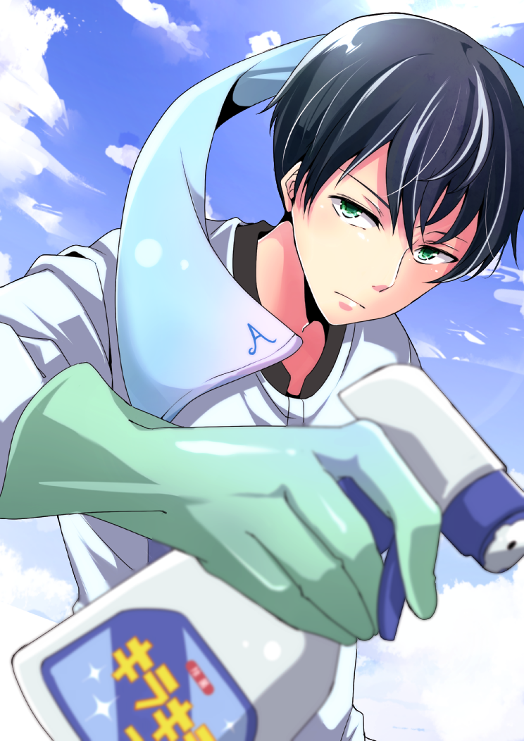 1boy, aoyama-kun_(keppeki_danshi), black_hair, blue_sky, bottle, clouds, gloves, green_eyes