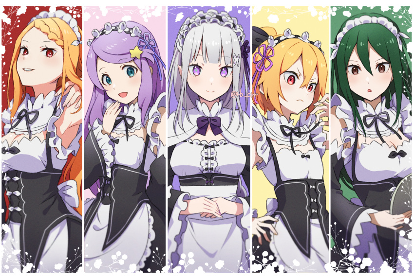 5girls, anastasia_hoshin, bangs, blue_eyes, blunt_bangs, bow, bowtie, braid, brown_eyes, capelet, collage_background, crusch_karsten, detached_sleeves, dress, emilia_(re:zero), felt_(re:zero), flower, frilled_dress, frills, green_hair, hair_between_eyes, hair_flower, hair_ornament, hands_on_hips, hands_up, highres, holding, holding_tray, long_hair, maid, maid_headdress, multiple_girls, own_hands_clasped, own_hands_together, parted_lips, ponytail, priscilla_barielle, purple_hair, re:zero_kara_hajimeru_isekai_seikatsu, red_eyes, ribbon, roswaal_mansion_maid_uniform, scowl, smile, swept_bangs, tray, violet_eyes, white_hair, yomo_(rb_crr)