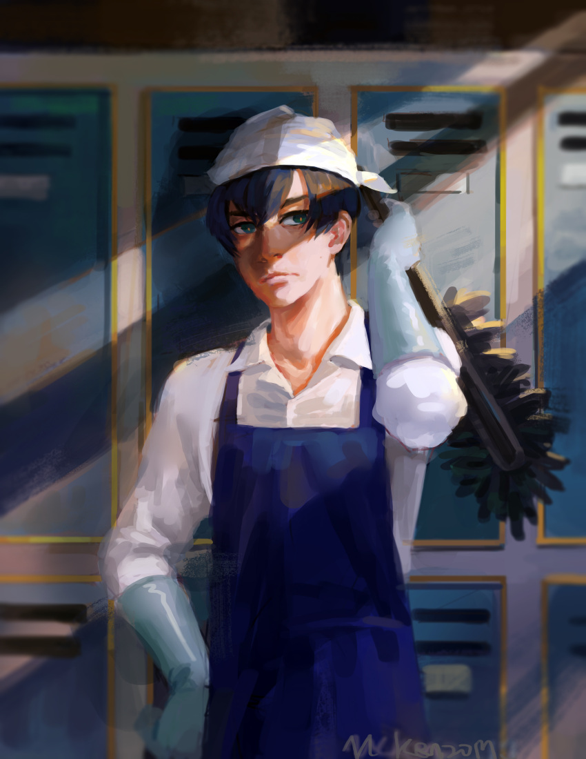 1boy, absurdres, aoyama-kun_(keppeki_danshi), apron, artist_name, black_hair, blue_gloves, cleaning_brush