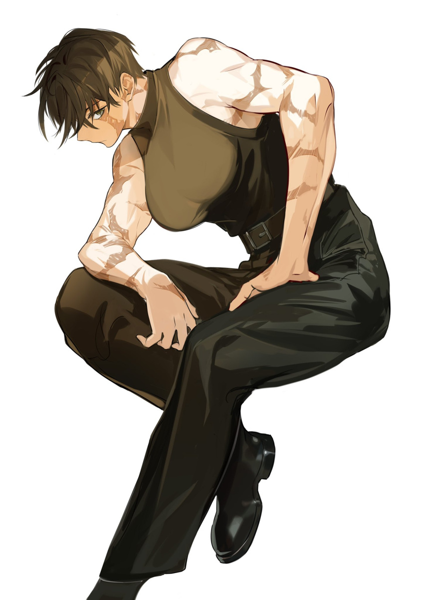 1girl, arm_support, belt, biceps, black_footwear, black_hair, black_shirt, breasts