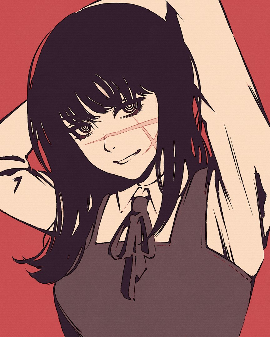 1girl, bangs, black_hair, breasts, chainsaw_man, closed_mouth, collared_shirt, dress