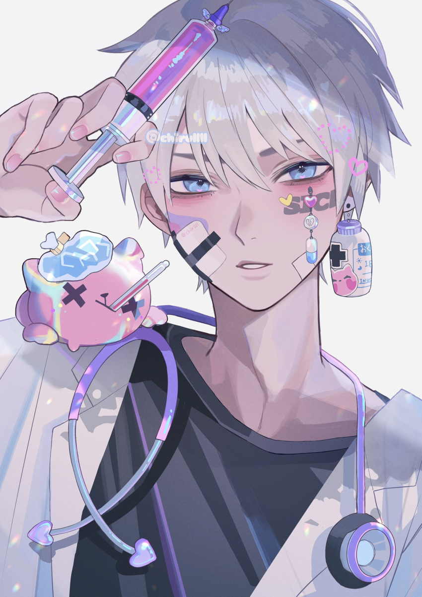 1boy, bandage_on_face, bandages, bangs, bishounen, blue_eyes, bottle_earrings, cooling_pad, doctor, earrings, fever, heart, highres, holding, holding_syringe, injection, inuchiru, jewelry, labcoat, looking_at_viewer, male_focus, pill, shirt, short_hair, sick, single_earring, solo, stethoscope, syringe, t-shirt, thermometer, white_background, x_x
