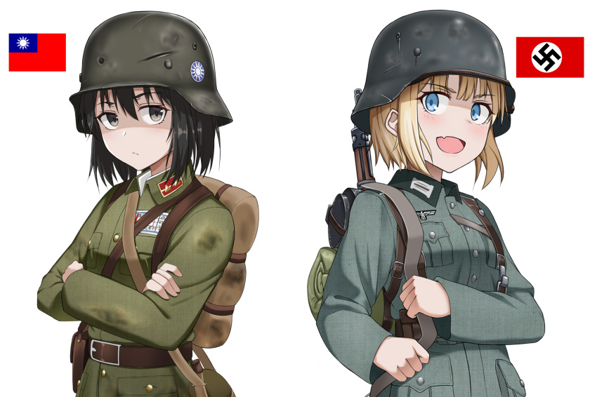 2girls, :d, backpack, bag, belt, black_eyes, black_hair, blonde_hair, blue_eyes, blush, china, clothing_request, crossed_arms, damaged, fang, germany, gun, helmet, highres, looking_at_viewer, medium_hair, military, military_helmet, military_uniform, multiple_girls, national_revolutionary_army, nazi_flag, original, reichsadler, republic_of_china_flag, rifle, rifle_on_back, simple_background, skin_fang, sling_(weapon), smile, stahlhelm, swastika, uniform, weapon, white_background, world_war_ii, yumi_(artist)