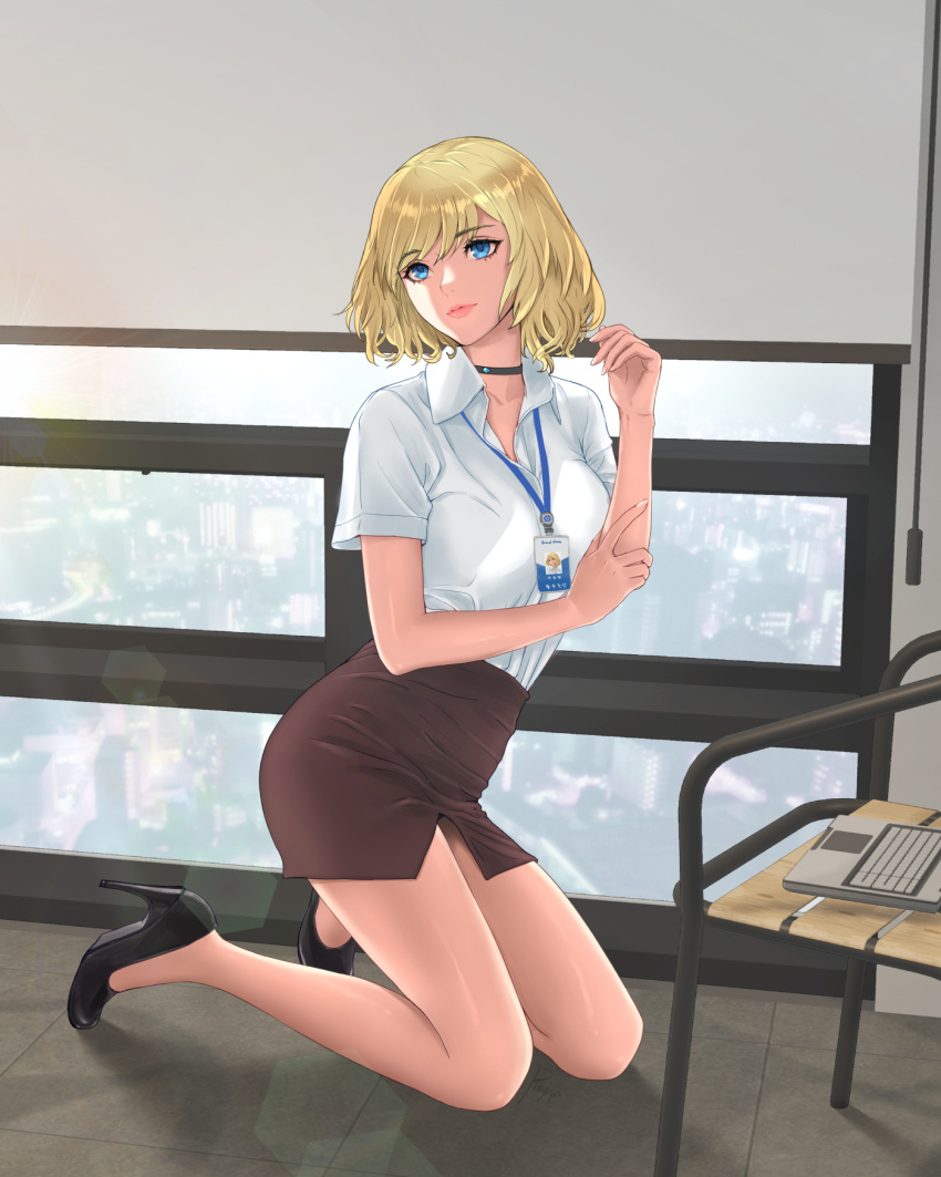 1girl, anmochi_one, bare_legs, black_choker, black_footwear, blonde_hair, blue_eyes, breasts, brown_skirt, chair, choker, closed_mouth, collarbone, collared_shirt, computer, formal, high_heels, highres, id_card, indoors, kneeling, korean_commentary, laptop, lips, medium_hair, office, office_lady, open_clothes, open_shirt, original, pencil_skirt, shirt, short_sleeves, skirt, solo, thighs, white_shirt