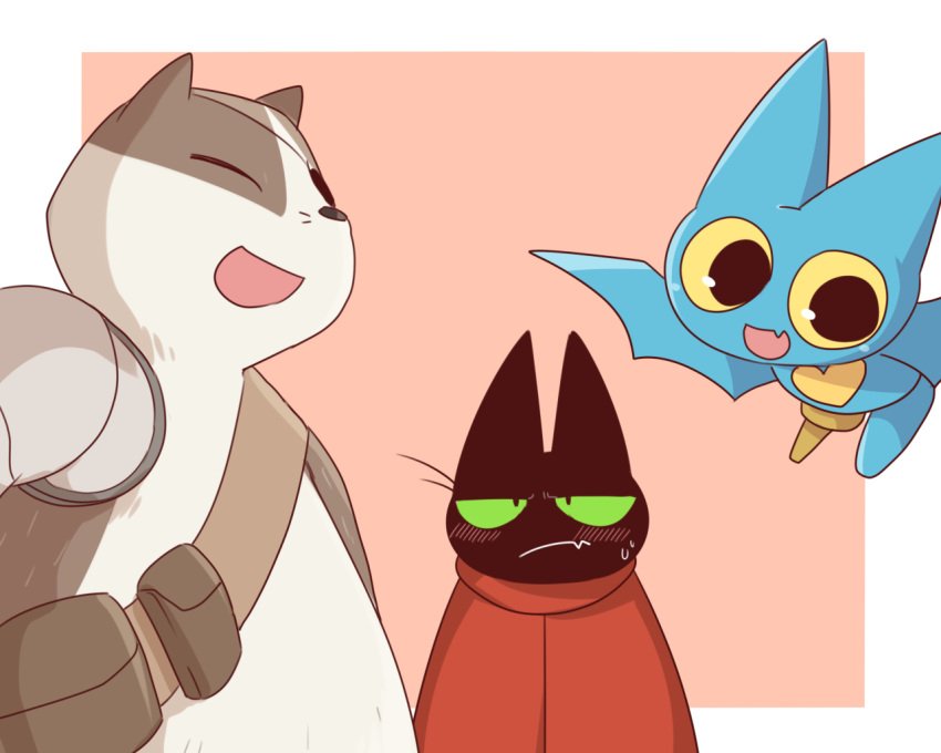 adorabat, akamuhura-yamato, animal_ears, armor, bat_(animal), bat_girl, bat_wings, big_eyes, black_cat, blue_fur, blush, cape, cat, closed_eyes, closed_mouth, eyepatch, furry, furry_female, furry_male, green_eyes, heart, mao_mao:_heroes_of_pure_heart, mao_mao_(mao_mao:_heroes_of_pure_heart), mechanical_arms, otter, otter_ears, simple_background, whiskers, white_fur, wings, yellow_eyes