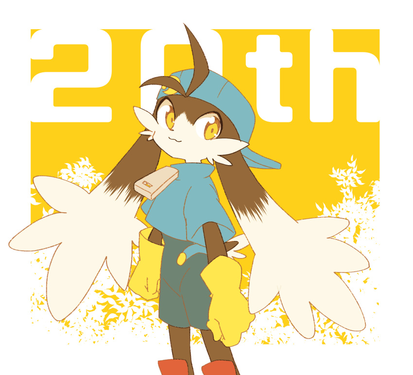 akamuhura-yamato, black_fur, blue_headwear, blue_shirt, closed_mouth, fluffy, furry, furry_male, gloves, highres, kaze_no_klonoa, klonoa, pac-man, red_footwear, shirt, smile, yellow_gloves