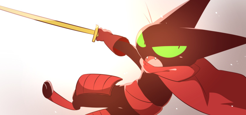 akamuhura-yamato, armor, black_cat, cape, cat, furry, furry_male, golden_sword, green_eyes, mao_mao:_heroes_of_pure_heart, mao_mao_(mao_mao:_heroes_of_pure_heart), open_mouth