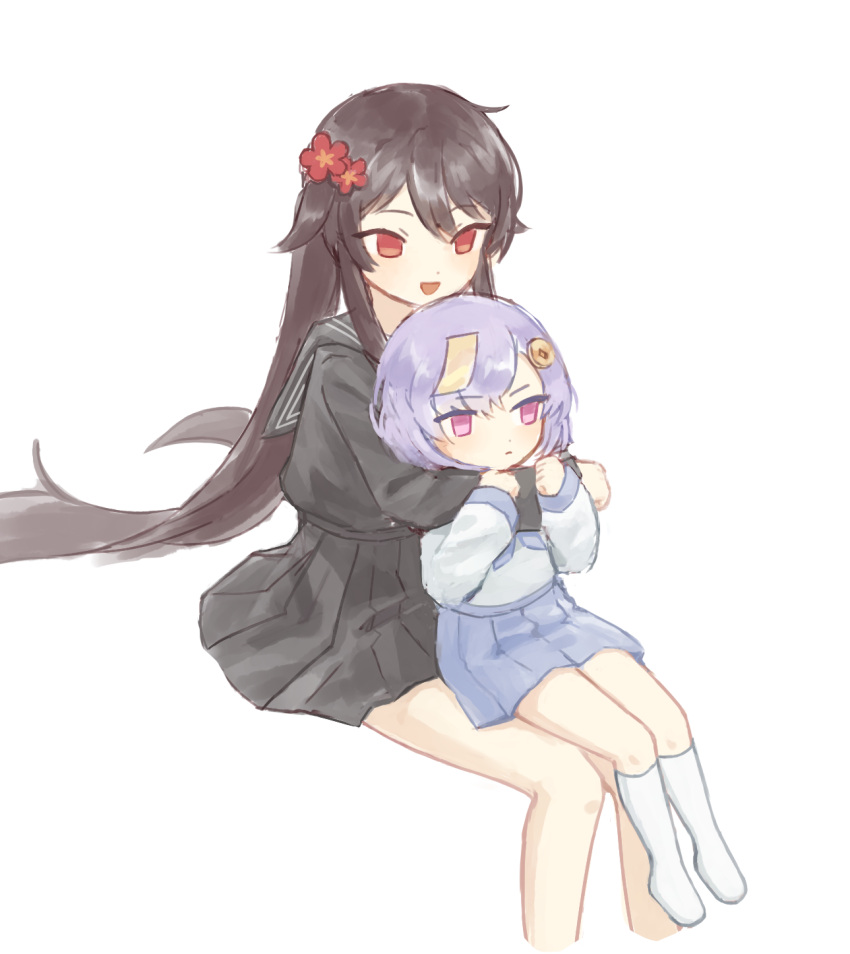 2girls, bangs, blush, brown_hair, flower, frown, genshin_impact, hair_flaps