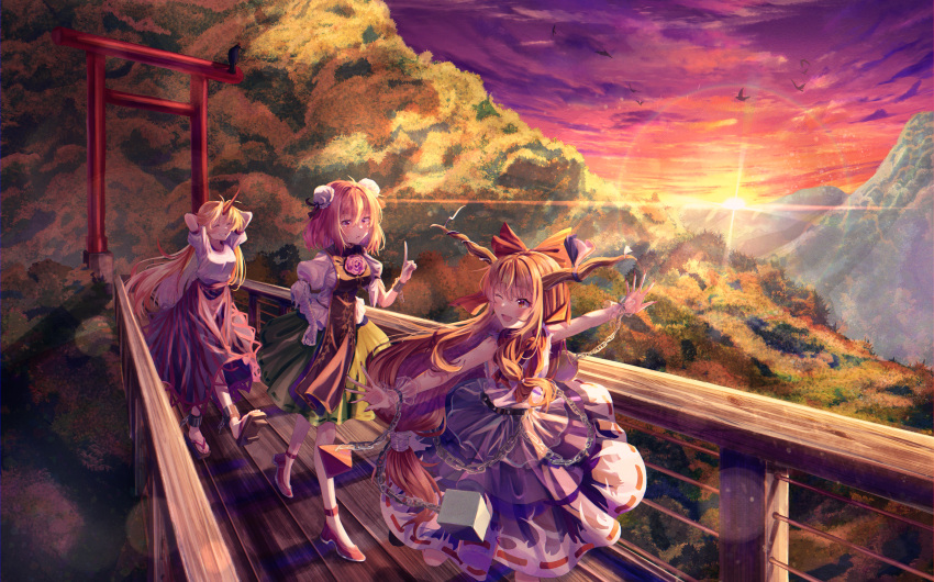 3girls, absurdres, blonde_hair, clouds, double_bun, evening, gradient_sky, hair_bun
