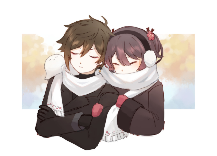 1boy, 1girl, asymmetrical_bangs, bangs, blush, brown_hair, closed_eyes, coat, couple, crossed_arms, earmuffs, enpera, flower, genshin_impact, ghost, gloves, hair_bun, hair_flower, hair_ornament, hand_on_another's_arm, hetero, hu_tao_(genshin_impact), long_sleeves, meeako, scarf, winter_clothes, zhongli_(genshin_impact)