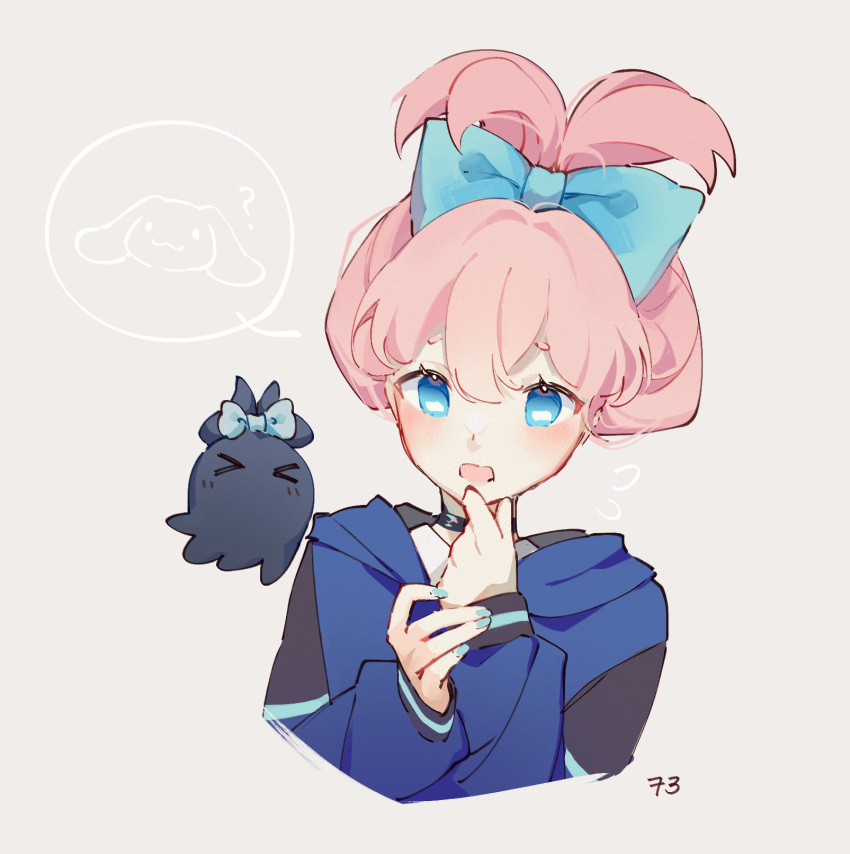 >_<, 1girl, arknights, bangs, blue_bow, blue_eyes, blue_jacket, blue_nails