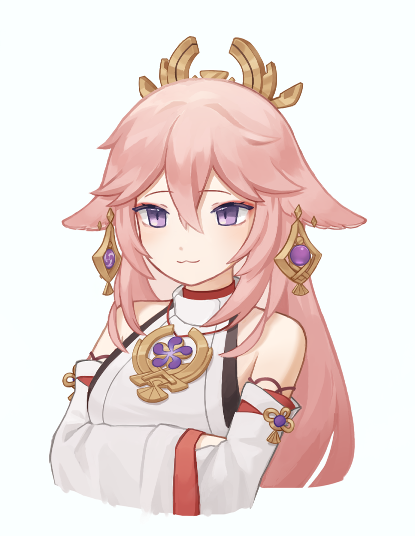 1girl, :3, animal_ears, bangs, blush, crossed_arms, detached_sleeves, earrings