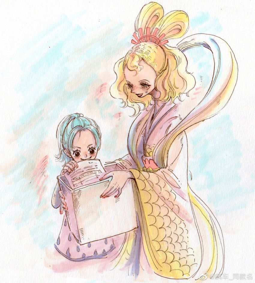 2girls, alternate_universe, black_eyes, blonde_hair, blue_hair, box, child, fengcheche