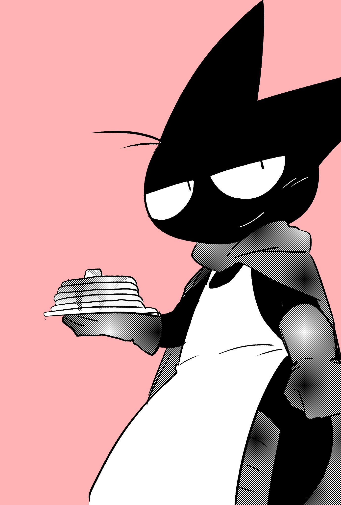 akamuhura-yamato, animal_ears, black_fur, blush, cape, cat, closed_mouth, food