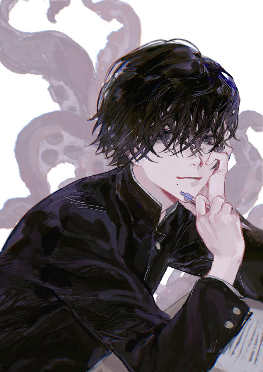 1boy, absurdres, bags_under_eyes, bangs, black_hair, buttons, chainsaw_man, crossed_bangs