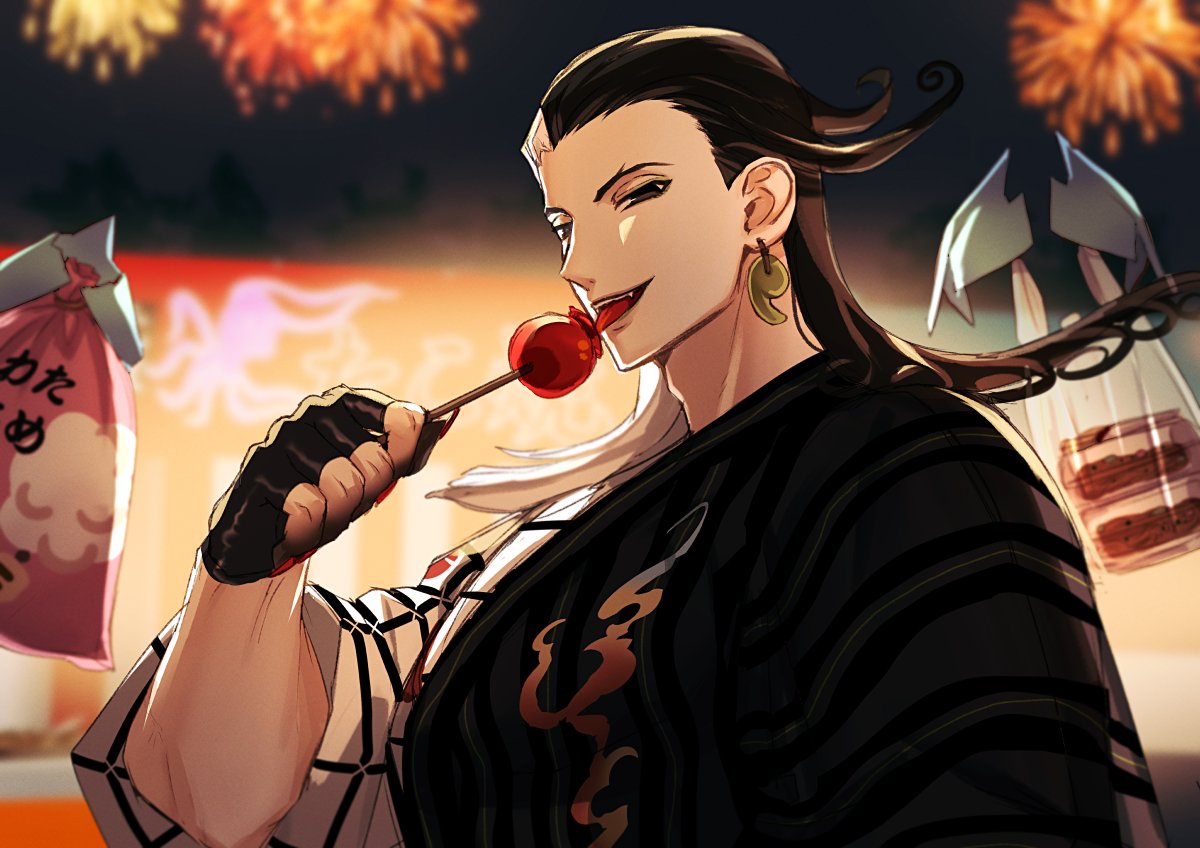 1boy, alternate_hairstyle, ashiya_douman_(fate), asymmetrical_clothes, asymmetrical_hair, ayamatazu, black_eyes, black_hair