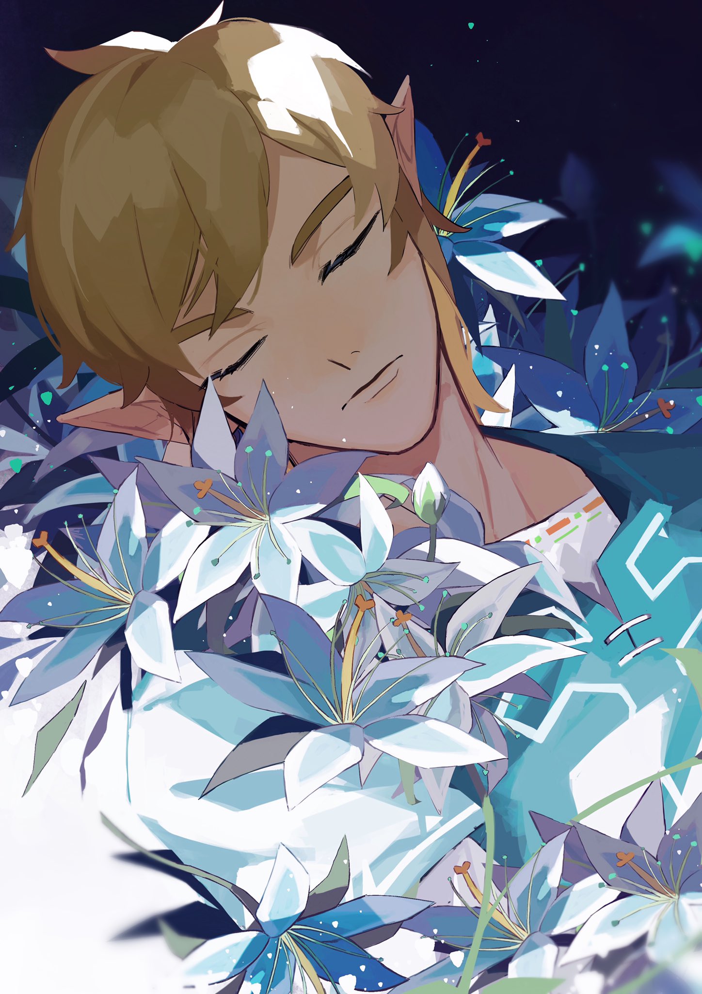 1boy, aqua_tunic, bangs, blonde_hair, blue_flower, closed_eyes, closed_mouth, flower, highres, link, male_focus, pisu_1107, pointy_ears, shirt, short_hair, silent_princess, sleeping, solo, the_legend_of_zelda, the_legend_of_zelda:_breath_of_the_wild, thick_eyebrows, upper_body, white_shirt