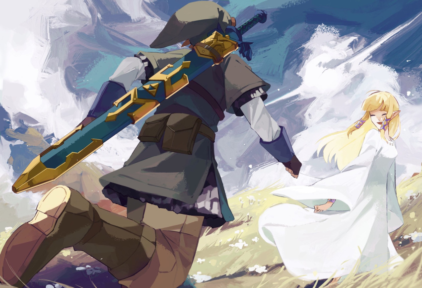 1boy, 1girl, armor, bangs, blonde_hair, blunt_bangs, boots, breasts