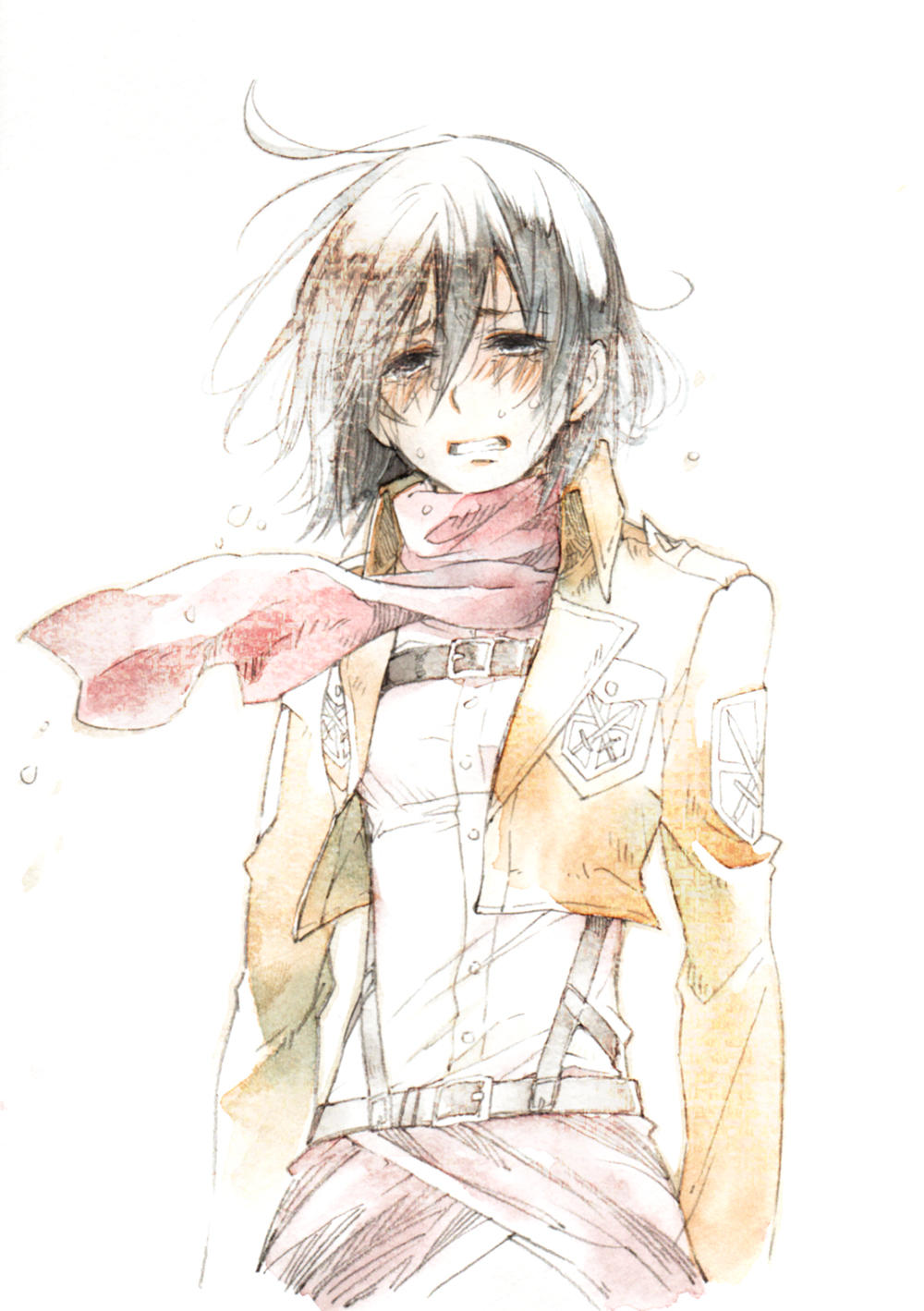 1girl, belt, black_hair, blush, breasts, brown_jacket, chest_strap, clenched_teeth
