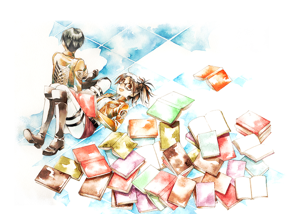 1boy, 1girl, belt, black_hair, book, boots, breasts, brown_hair, brown_jacket, facing_away, full_body, glasses, hange_zoe, high_collar, holding, holding_book, jacket, knee_boots, levi_(shingeki_no_kyojin), long_sleeves, looking_at_viewer, lying, medium_hair, nanami_(fuku), on_back, open_book, open_mouth, painting_(medium), pants, ponytail, red_skirt, shingeki_no_kyojin, shirt, short_hair, sitting, skirt, smile, survey_corps_(emblem), thigh_strap, tile_floor, tiles, traditional_media, uniform, watercolor_(medium), white_pants, white_shirt