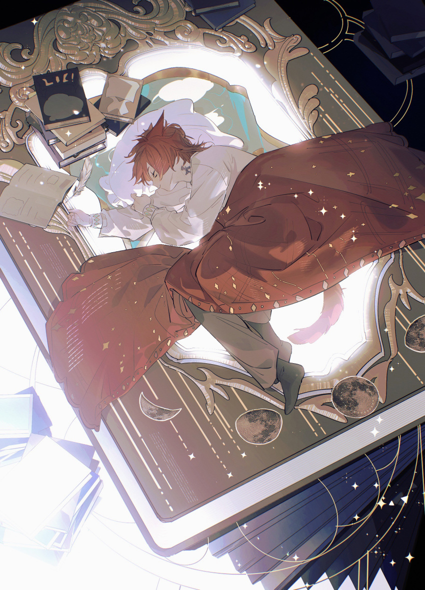 1boy, absurdres, animal_ears, black_socks, blanket, book, book_stack, brown_pants