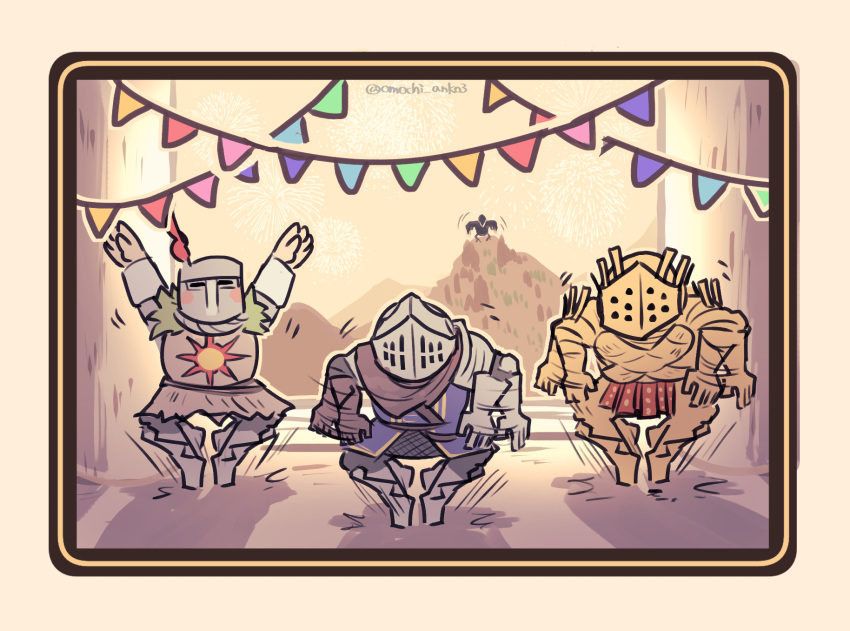 bird, blush_visible_through_clothes, chibi, crow, dancing, dark_souls_(series), dark_souls_i, full_amor, highres, knight_lautrec_of_carim, knight_of_astora_oscar, meme, motion_lines, omochi_anko3, praise_the_sun, solaire_of_astora, twitter_username