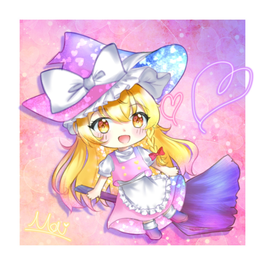 1girl, :d, adapted_costume, apron, blonde_hair, blush, braid, broom