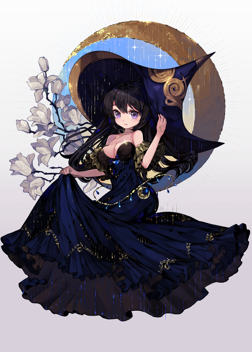 1girl, bare_shoulders, black_hair, blue_dress, blue_gemstone, blue_headwear, crescent, crescent_moon