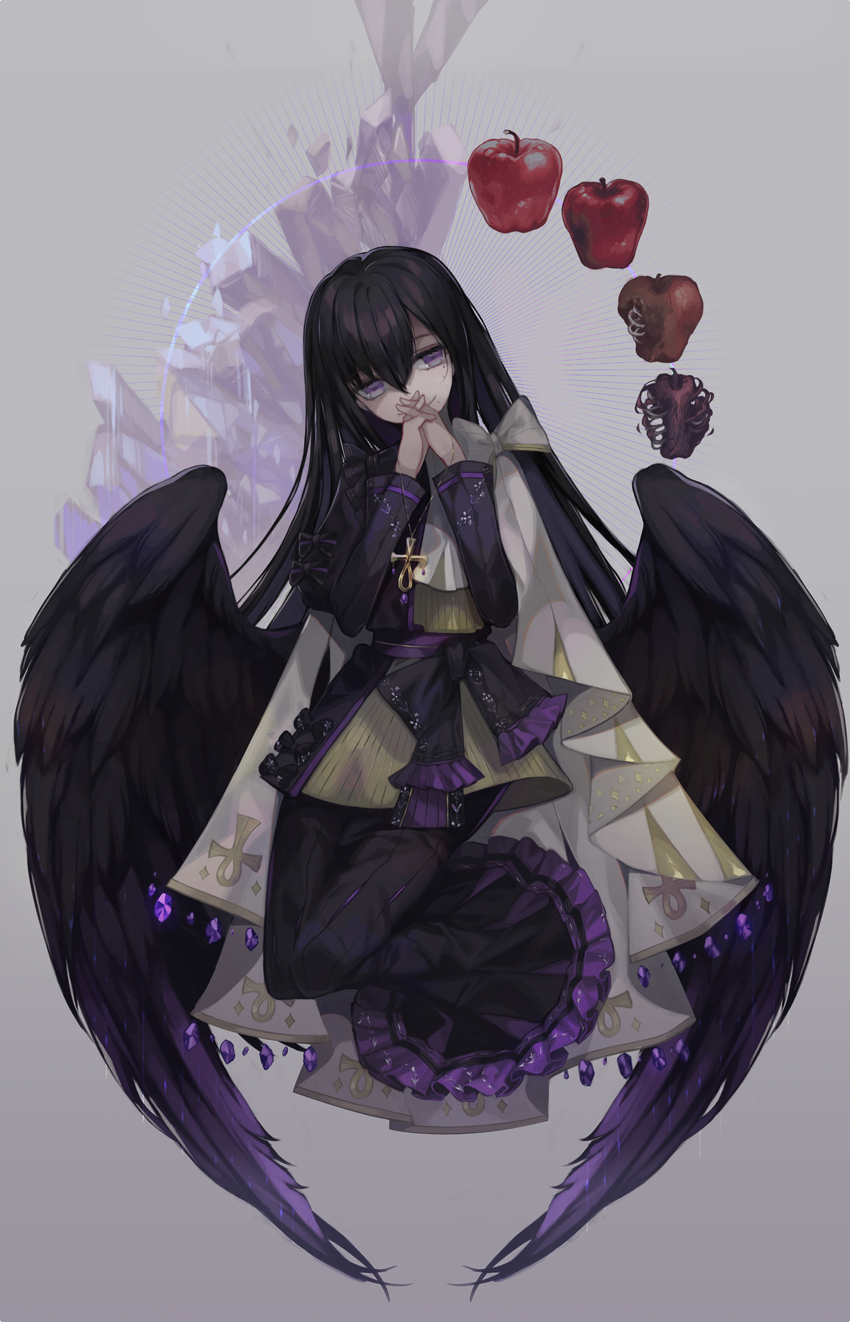 ankh, ankh_necklace, ankh_print, apple, black_bow, black_dress, black_hair, black_wings