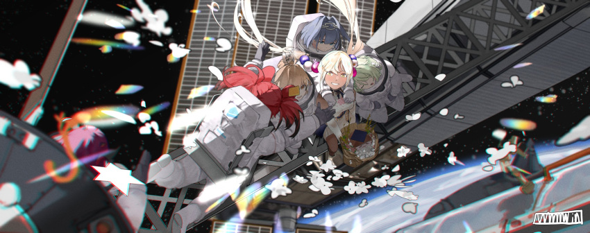 6+girls, animal_ears, bangs, blue_hair, bread, brown_hair, ceres_fauna, chain
