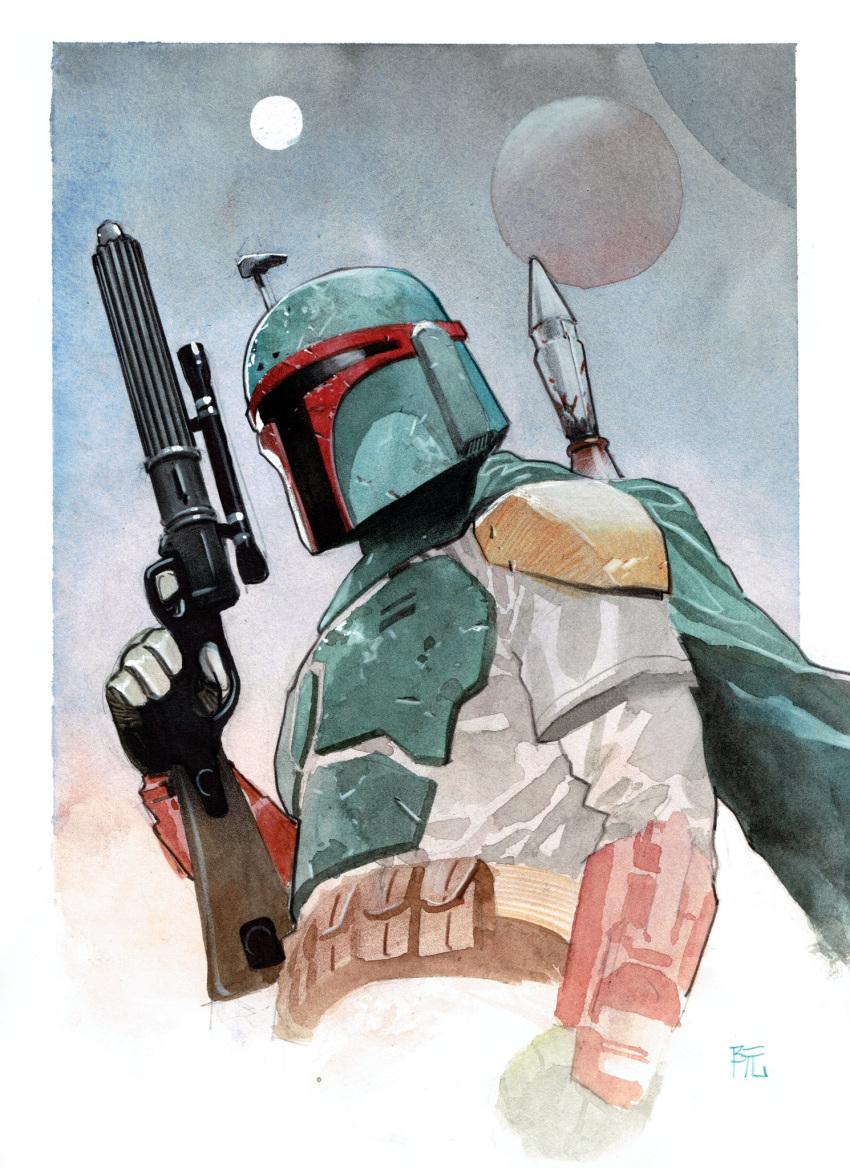 1boy, armor, boba_fett, cape, clenched_hand, dike_ruan, green_cape, gun