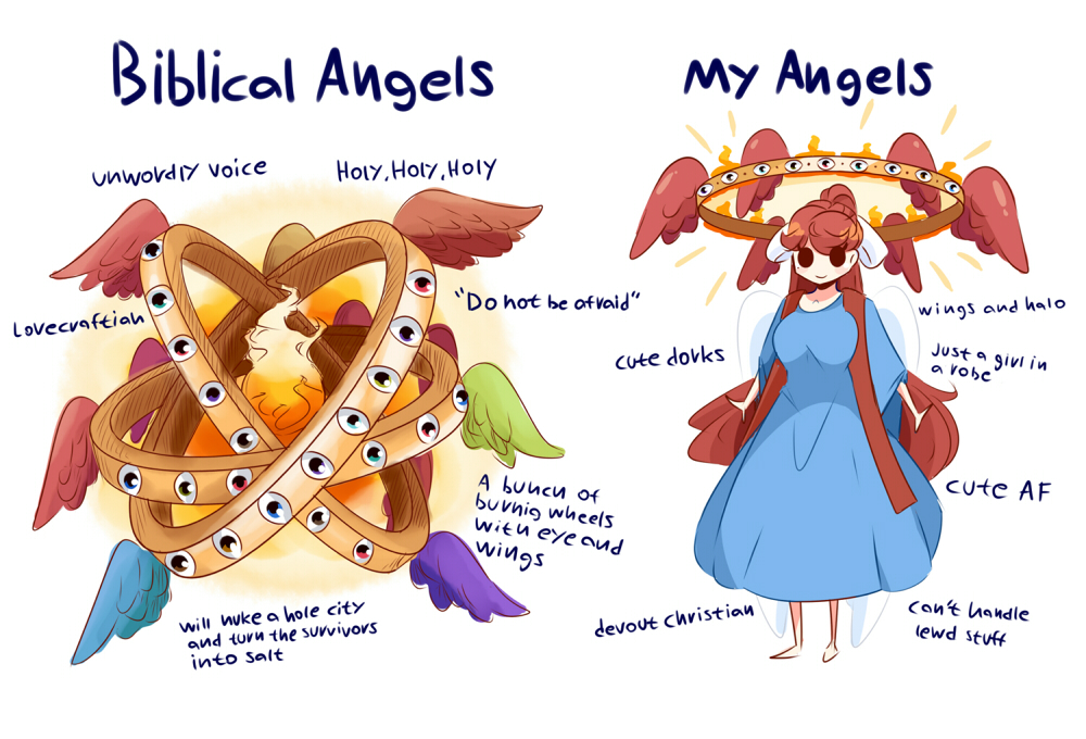1girl, 1other, angel, angel_wings, biblically_correct_angel, black_eyes, breasts, closed_mouth